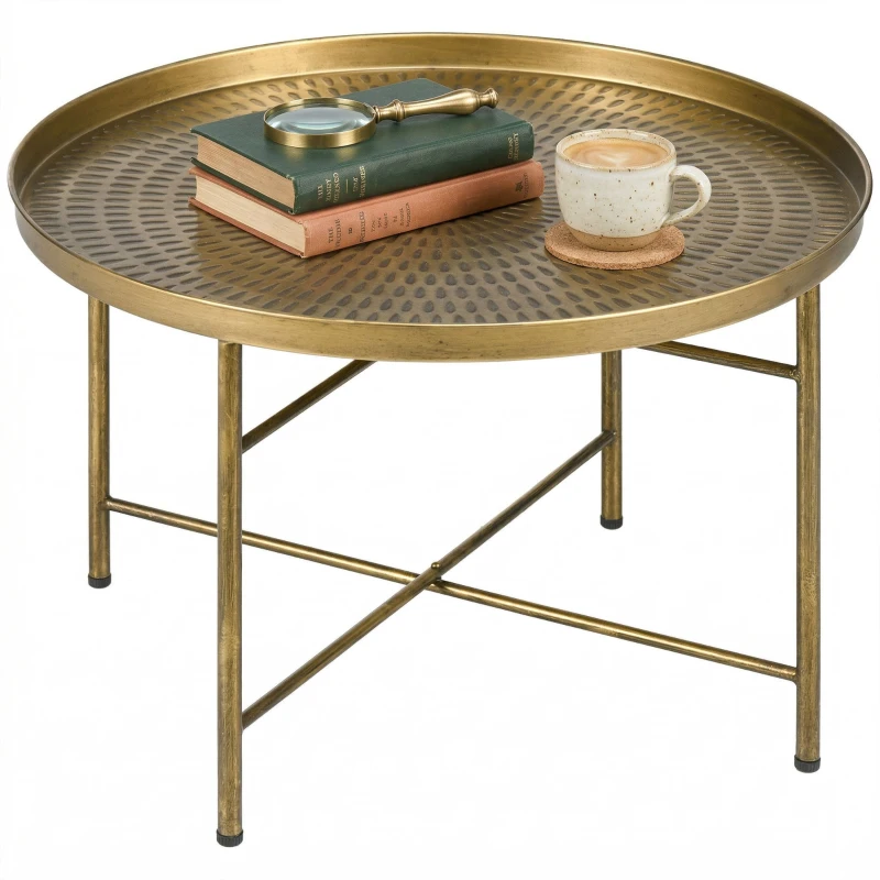 HOMCOM Vintage Coffee Table for Living Room, 24" Round Center Table with Hammered Tray Top and Metal Frame, Gold