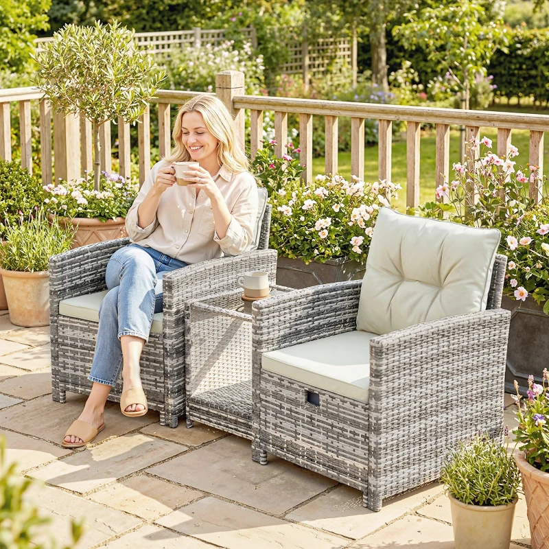 Outsunny 5-Piece Outdoor Patio Furniture Set, Wicker Patio Chairs with Ottomans, 2-Tier Glass Coffee Table and Cushions, Modern Garden Conversation Set, Grey and Cream White