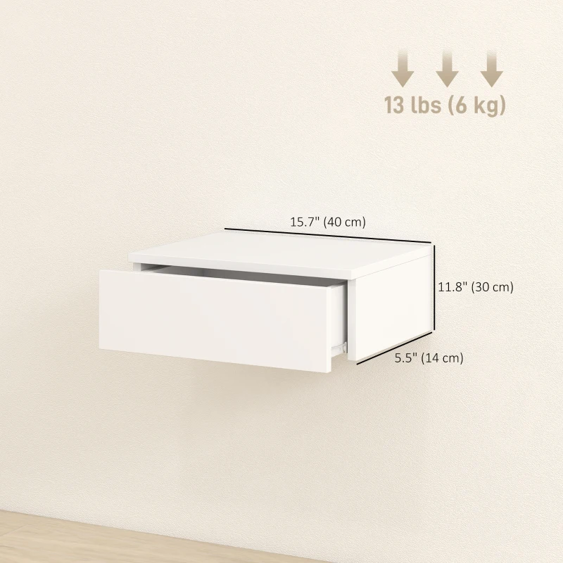 HOMCOM Set of 2 Wall Mounted Bedside Tables, Floating Nightstands with Drawer for Bedroom, White