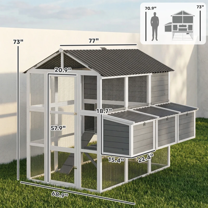 PawHut 77" Large Chicken Coop for 6-8 Chickens, Outdoor Wooden Hen House Poultry Cage with Run, Nesting Boxes, Waterproof Roof