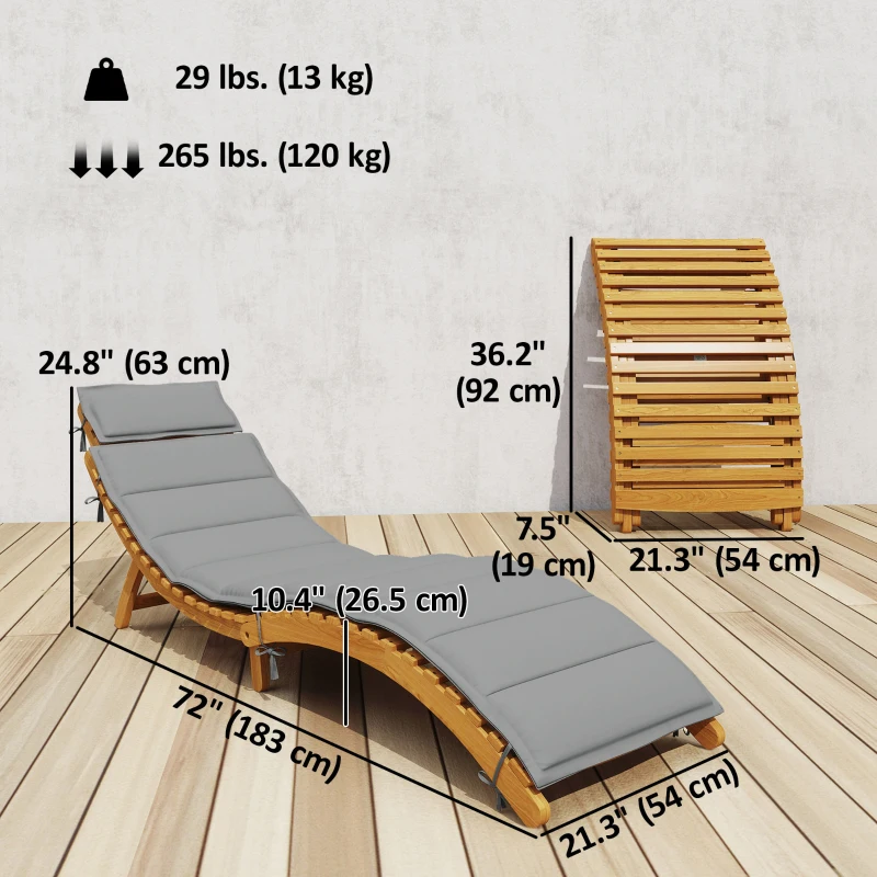 Outsunny Folding Chaise Lounge Chair Outdoor, Acacia Wood Lounger Tanning Chair with Cushion, Headrest, Light Grey