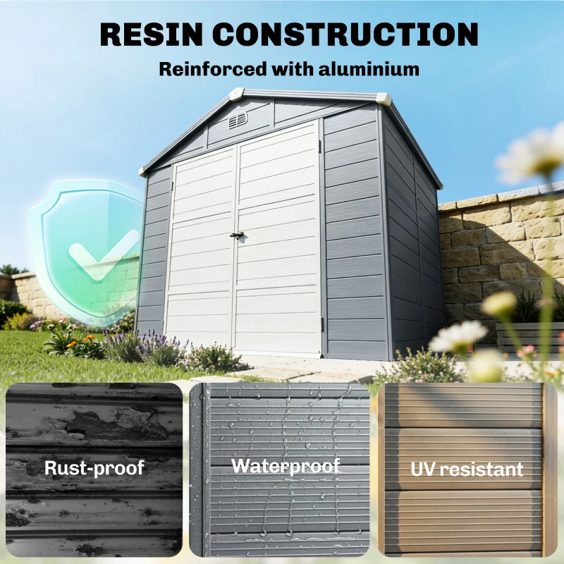 Outsunny 8' x 6' Plastic Garden Storage Shed with Latch Door, Vents, Sloped Roof, Dark Grey