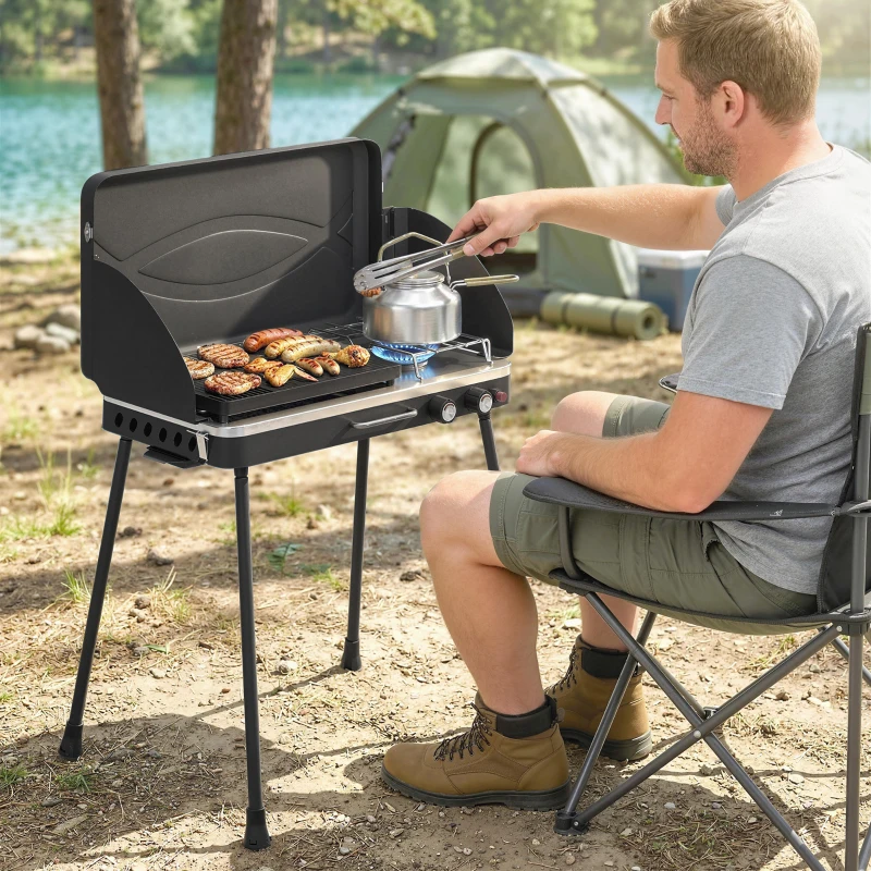 Outsunny 2-in-1 Camping Stove & Gas Griddle Combo, 20,000 BTU Portable Propane Grill with Detachable Legs, Wind Guards, Black