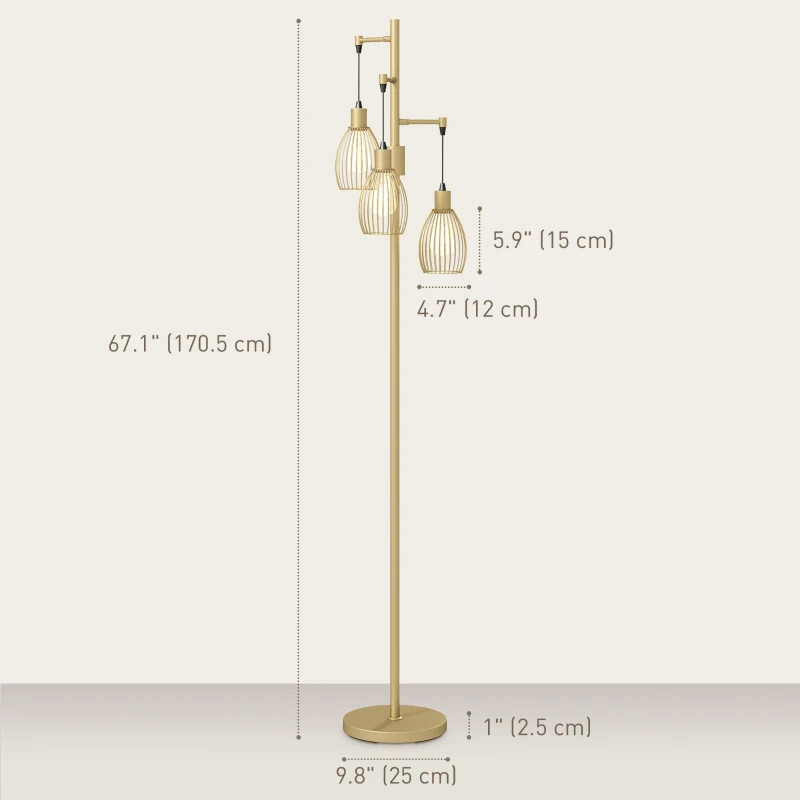 HOMCOM Industrial Floor Lamp with 3 Hanging Wire Lampshades, Dimmable Standing Lamp for Living Room, Gold