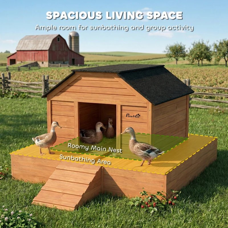 PawHut Floating Duck Coop, Wooden Duck House with Ramp and Waterproof Asphalt Roof, Small Animal House