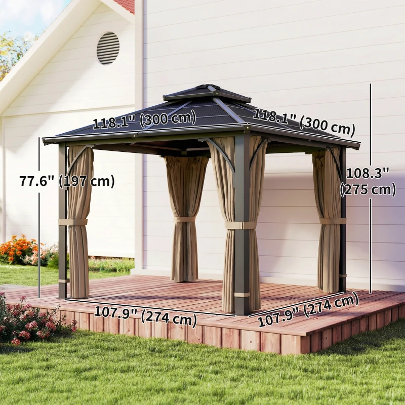 Outsunny 10' x 10' Hardtop Gazebo with 7mm Polycarbonate Double-Tier Roof, Outdoor Gazebo with Netting and Curtains, Khaki