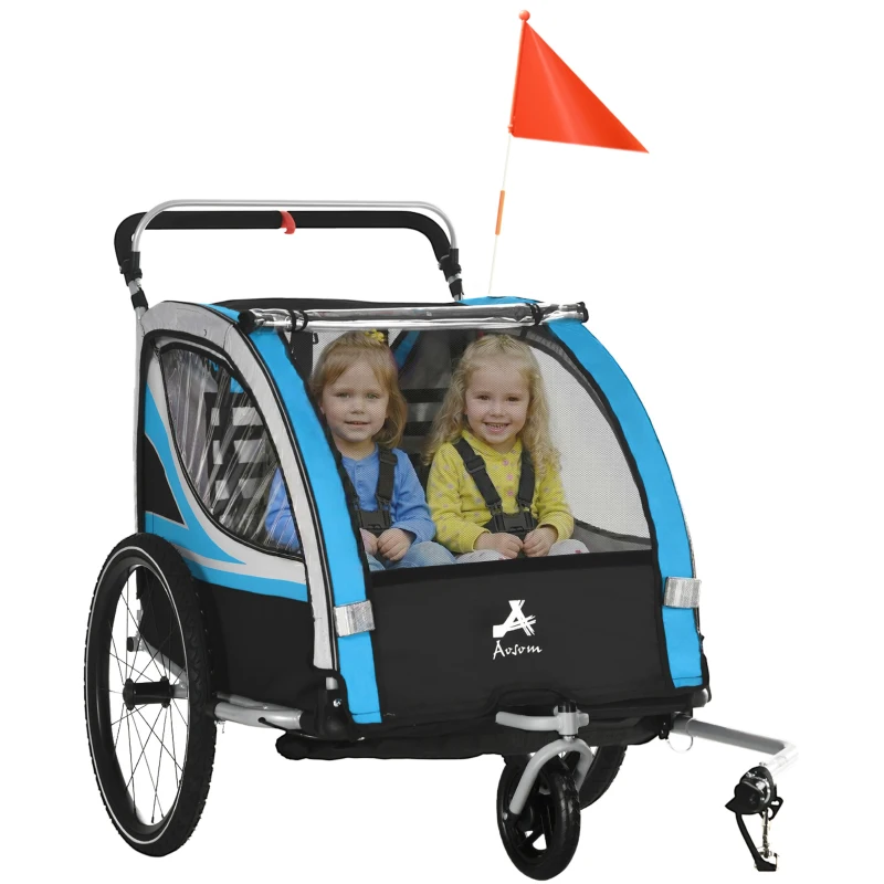 Aosom 3-in-1 Bike Trailer for Kids, Running Stroller with 2 Seats, Jogging Cart with 5-Point Harness, Storage Units, Blue