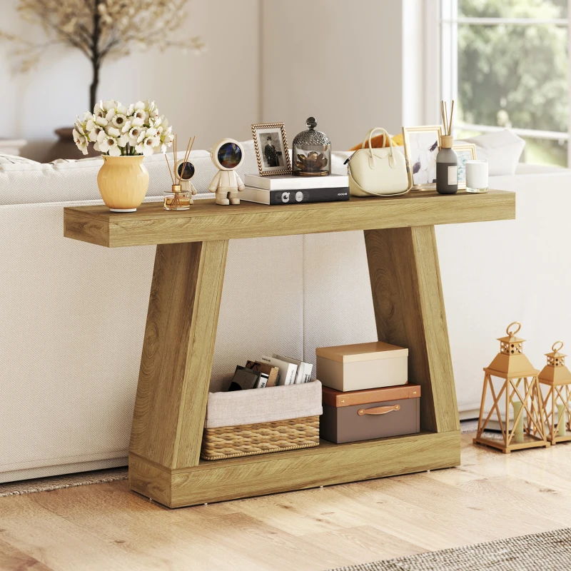 HOMCOM 55" Farmhouse Console Table, 2-Tier Entryway Table with Storage for Hallway, Living Room, Behind Couch,  Oak