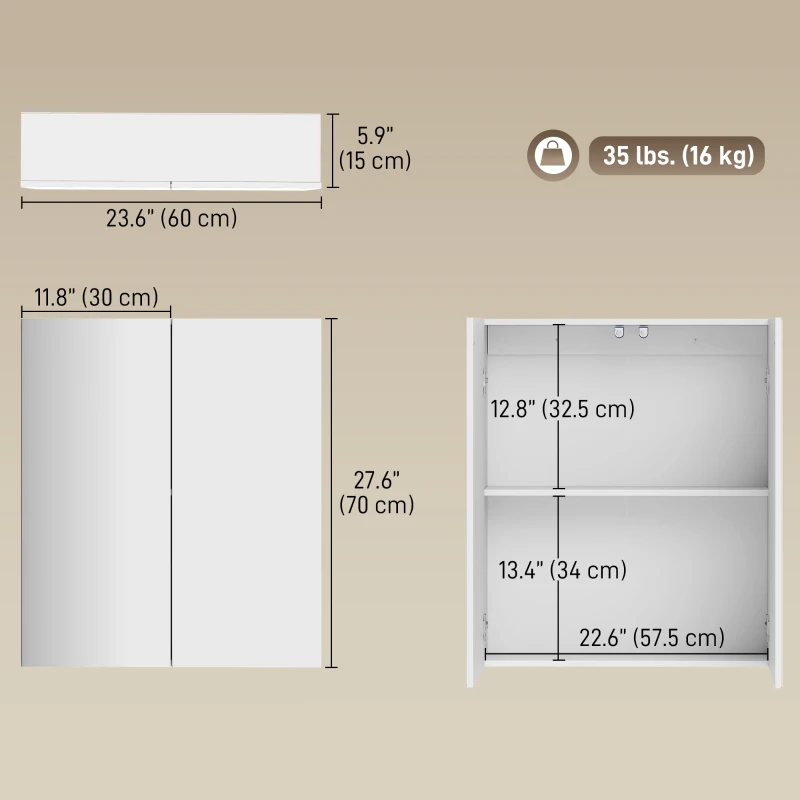 kleankin Wall Mounted Mirror Cabinet, Bathroom Medicine Cabinet with Mirror, 2 Doors, Adjustable Shelf and Soft Close Mechanism