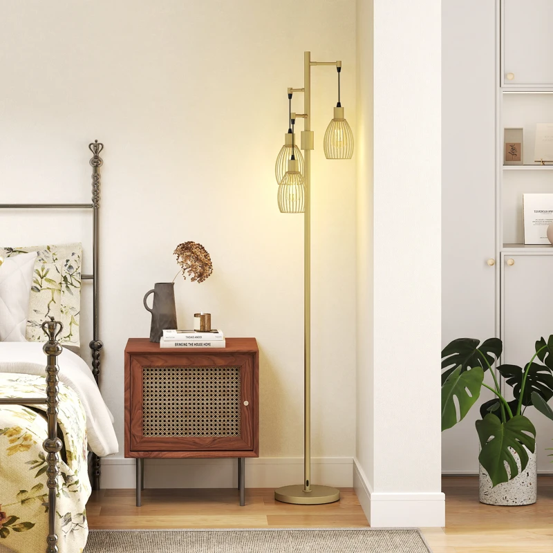 HOMCOM Industrial Floor Lamp with 3 Hanging Wire Lampshades, Dimmable Standing Lamp for Living Room, Gold