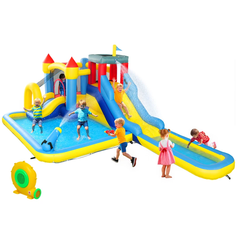 Qaba 6 in 1 Inflatable Water Slide Park with Splash Pools, 2 Slides, Trampoline, Climbing Wall, Cannon, Basketball Hoop