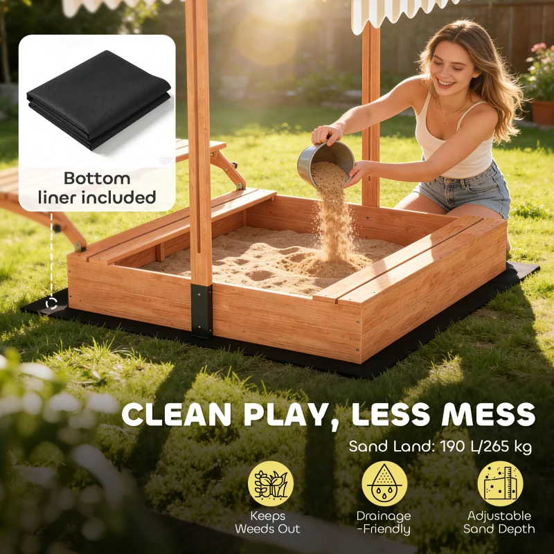 Qaba Kids Sandbox with Canopy, Wooden Sand Box with Foldable Picnic Table, Bench Seats, Liner, Cover, Gift for Ages 3-8