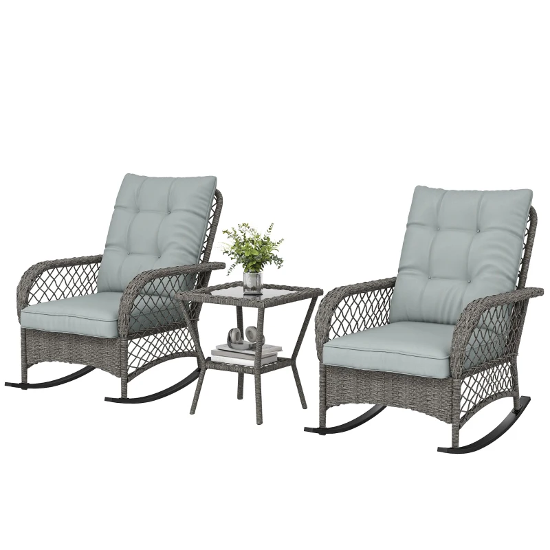 Outsunny Rocking Bistro Set, 3 Piece Wicker Patio Furniture with High Back Rocking Chairs and 2-Tier Glass Table, Light Grey