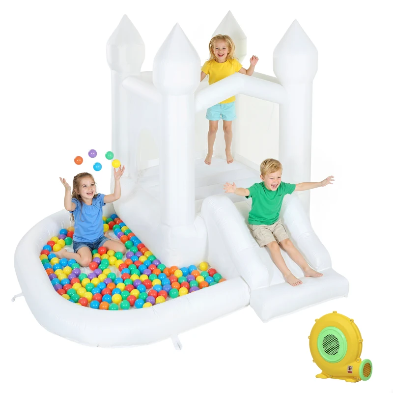 Qaba Inflatable Bouncy Castle for Kids, 3-in-1 White Bounce House with Slide, Ball Pit and 370W Blower, White