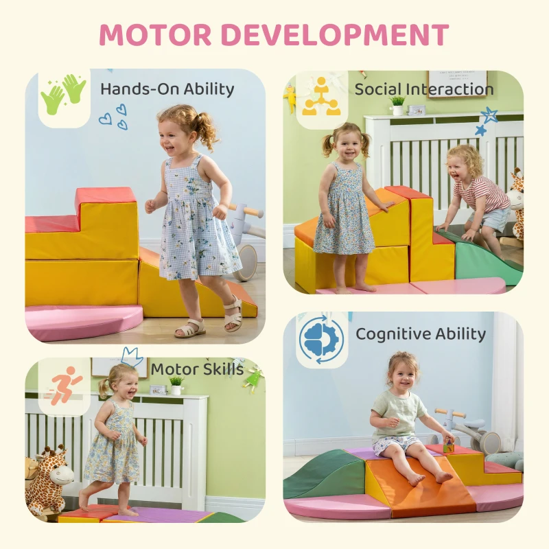 Qaba 6-Piece Soft Play for 12-36 Months Toddlers to Climb, Crawl, Slide, Red, Pink