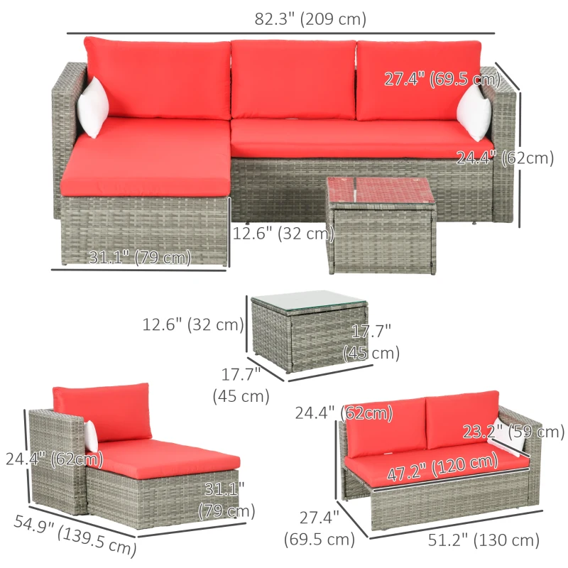 Outsunny 3pcs Modern Rattan Sofa Set, Wicker Patio Furniture Set with Coffee Table, Cushions, Pillows