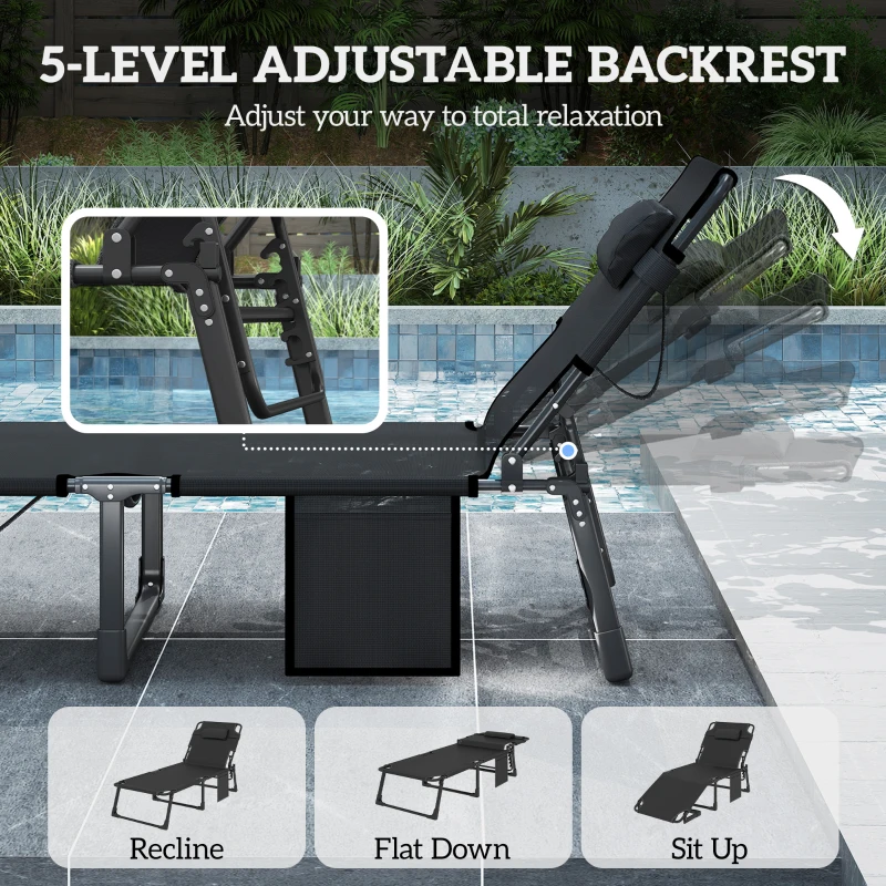 Outsunny 29.5" Wide Folding Chaise Lounge Chair Outdoor Tanning Chair Set of 2, Camping Cot with Cushion, Side Pocket, Dark Grey