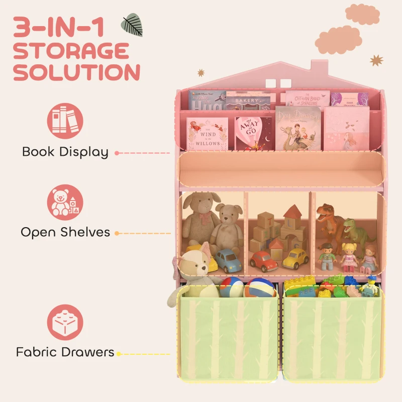 Qaba Kids Bookshelf with Storage, Toy Storage Unit with Book Display, Shelves and Fabric Drawers for Playroom Nursery, Pink