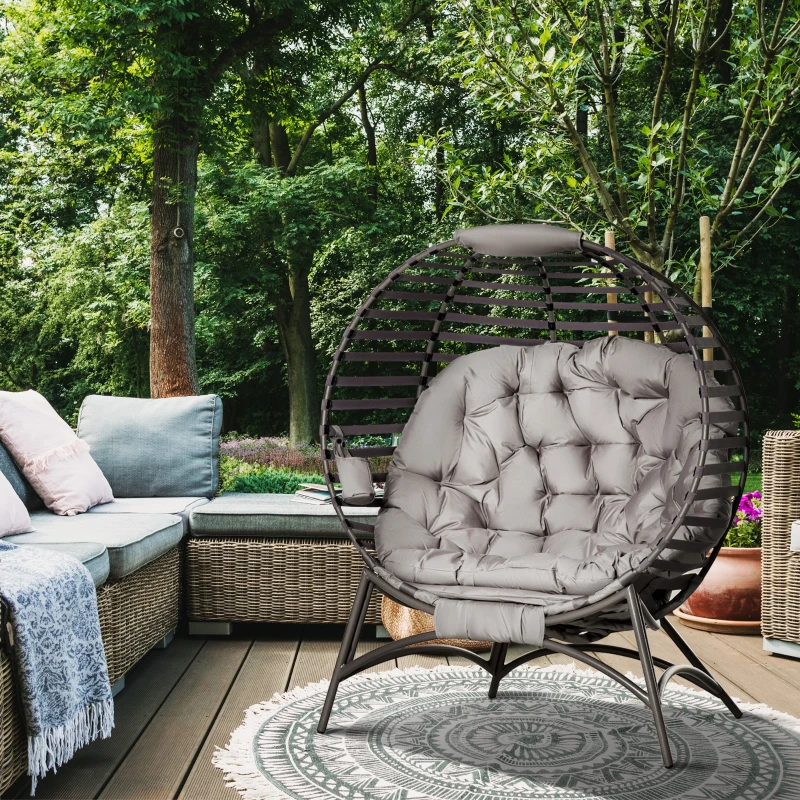 Outsunny Egg Chair, Patio Lounge Chair, Foldable Basket Chair with Large Seat Cushion, Side Pocket, Sand