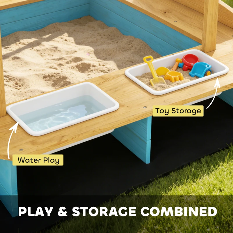 Qaba Wooden Sandbox with Dinosaur Print Canopy Kids Sandbox Outdoor with Bench Seats & 2 Storage Bins