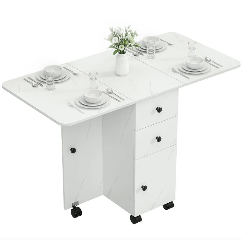 HOMCOM Drop Leaf Dining Table, Mobile Folding Table on Wheels with Drawers and Cabinet for Dining Room, Kitchen, Marble White