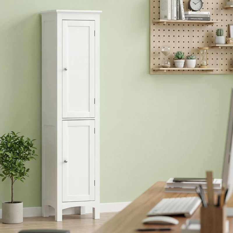 kleankin Tall Bathroom Cabinet, Freestanding Storage Organizer with Adjustable Shelves and Cupboards, 15" x 13" x 63", White