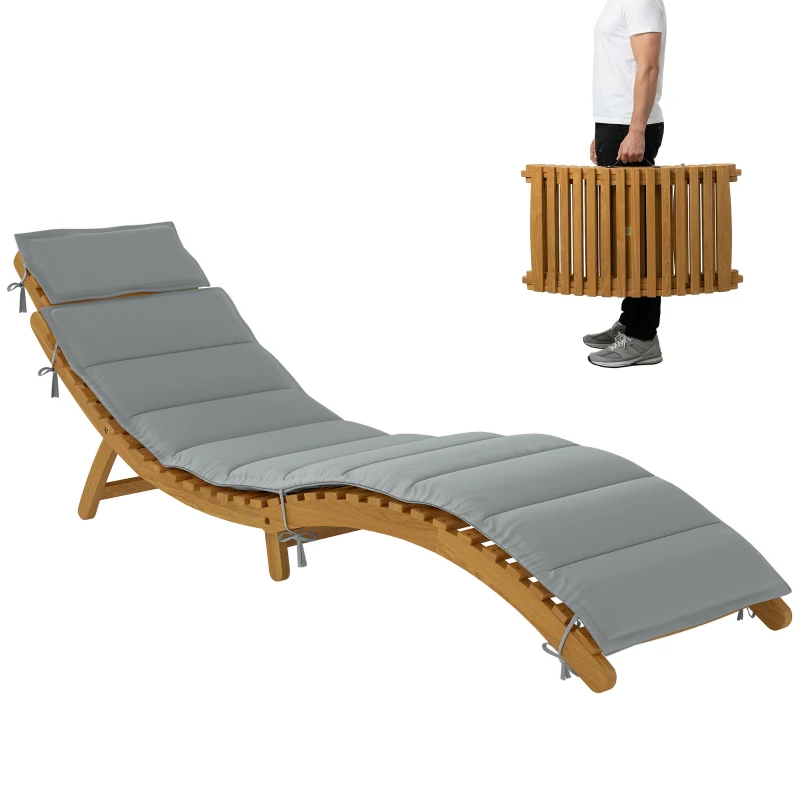 Outsunny Folding Chaise Lounge Chair Outdoor, Acacia Wood Lounger Tanning Chair with Cushion, Headrest, Light Grey