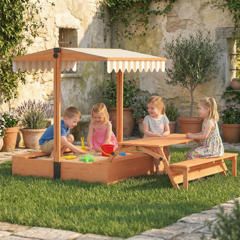 Qaba Kids Sandbox with Canopy, Wooden Sand Box with Foldable Picnic Table, Bench Seats, Liner, Cover, Gift for Ages 3-8