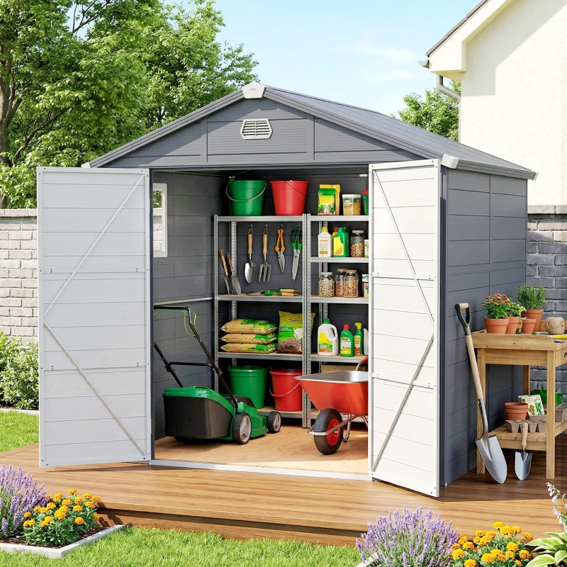 Outsunny 8' x 6' Plastic Garden Storage Shed with Latch Door, Vents, Sloped Roof, Dark Grey