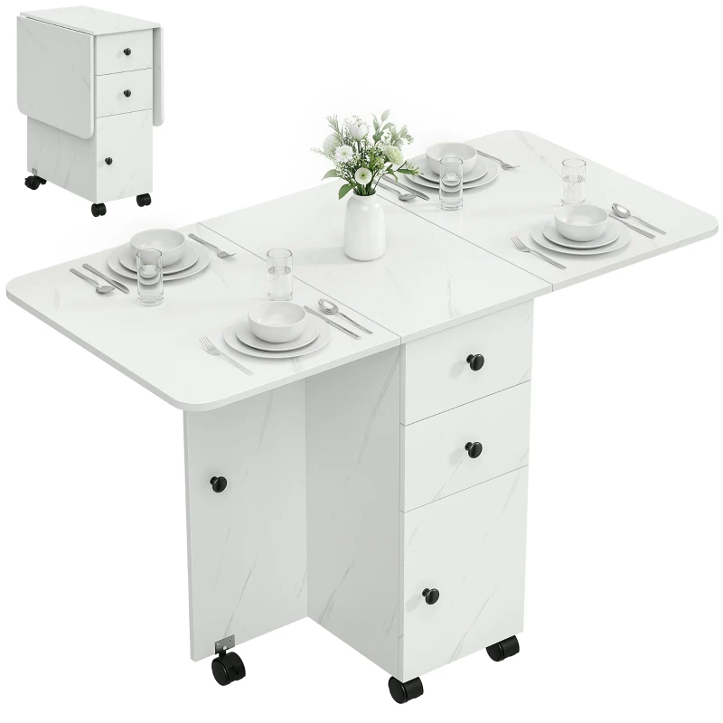 HOMCOM Drop Leaf Dining Table, Mobile Folding Table on Wheels with Drawers and Cabinet for Dining Room, Kitchen, Marble White
