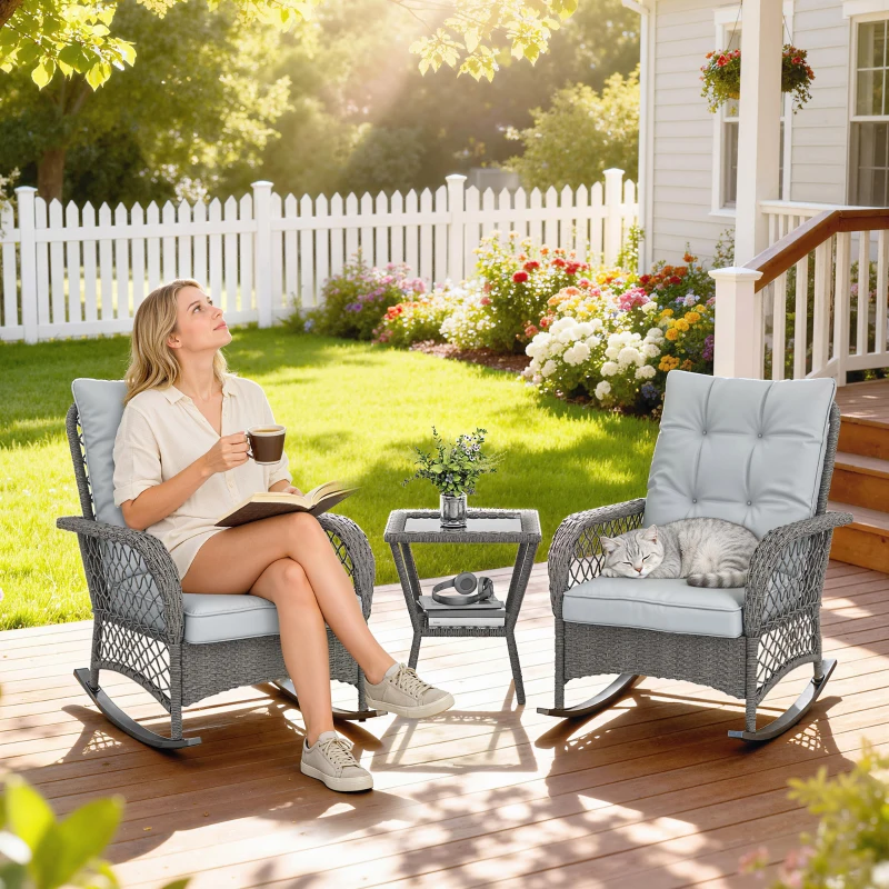 Outsunny Rocking Bistro Set, 3 Piece Wicker Patio Furniture with High Back Rocking Chairs and 2-Tier Glass Table, Light Grey