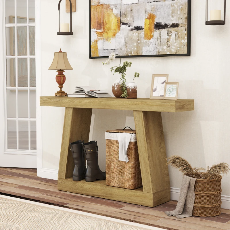 HOMCOM 55" Farmhouse Console Table, 2-Tier Entryway Table with Storage for Hallway, Living Room, Behind Couch,  Oak