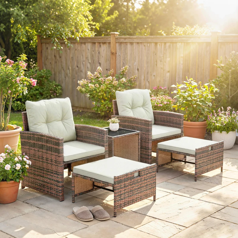 Outsunny 5 Piece Patio Furniture Set, Wicker Patio Chairs with Ottomans, 2-Tier Glass Coffee Table and Cushions, Brown/Cream