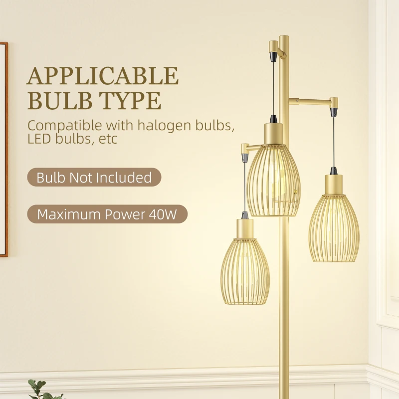 HOMCOM Industrial Floor Lamp with 3 Hanging Wire Lampshades, Dimmable Standing Lamp for Living Room, Gold