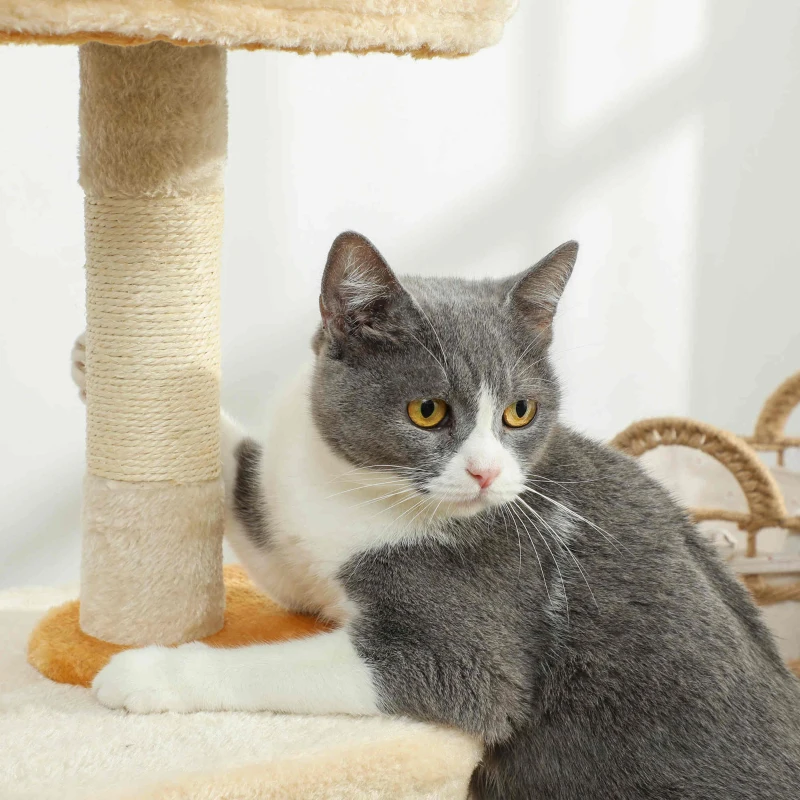 PawHut 28" Cat Tree Tower with Plush Top Bed, Cozy Condo, Sisal Scratching Post, Perch, Dangling Ball, Beige and Yellow