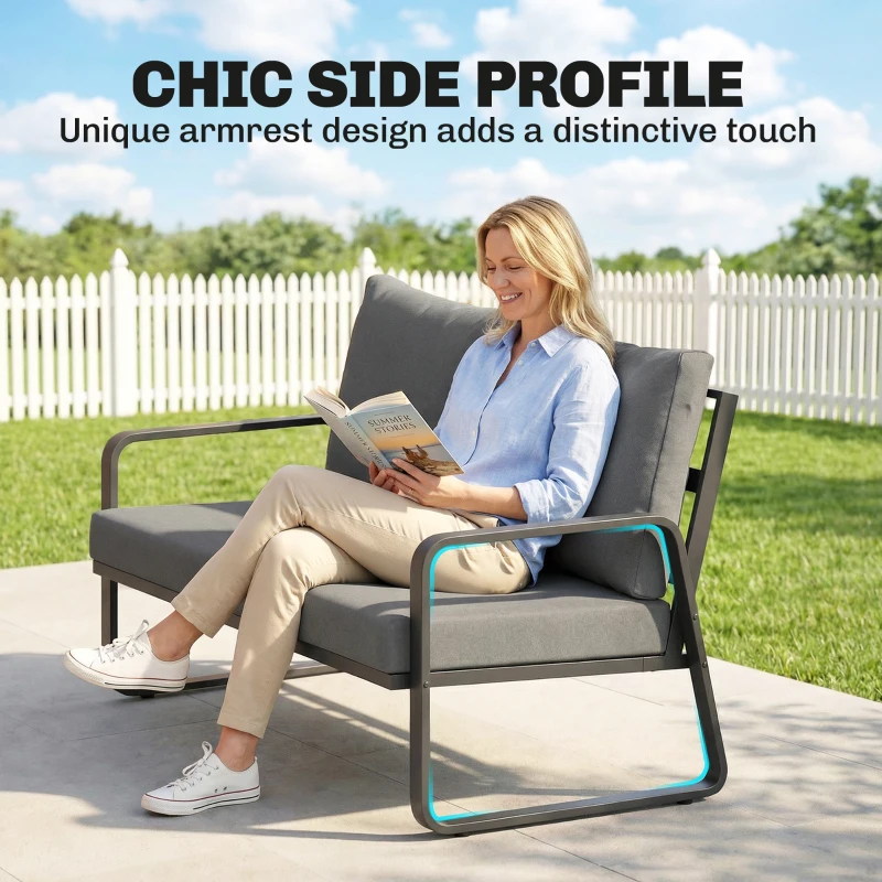 Outsunny Outdoor Sofa Thick Cushions Outdoor Patio Couch Loveseat 2 Seater for Garden Black and Light Grey