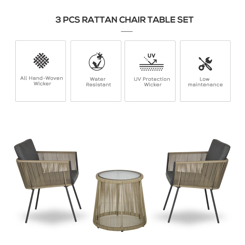 Outsunny 3 Pieces Wicker Patio Furniture Set, Rattan Bistro Set with Coffee Table and Cushions, Outdoor Conversation Set for Garden, Porch, Balcony, Grey