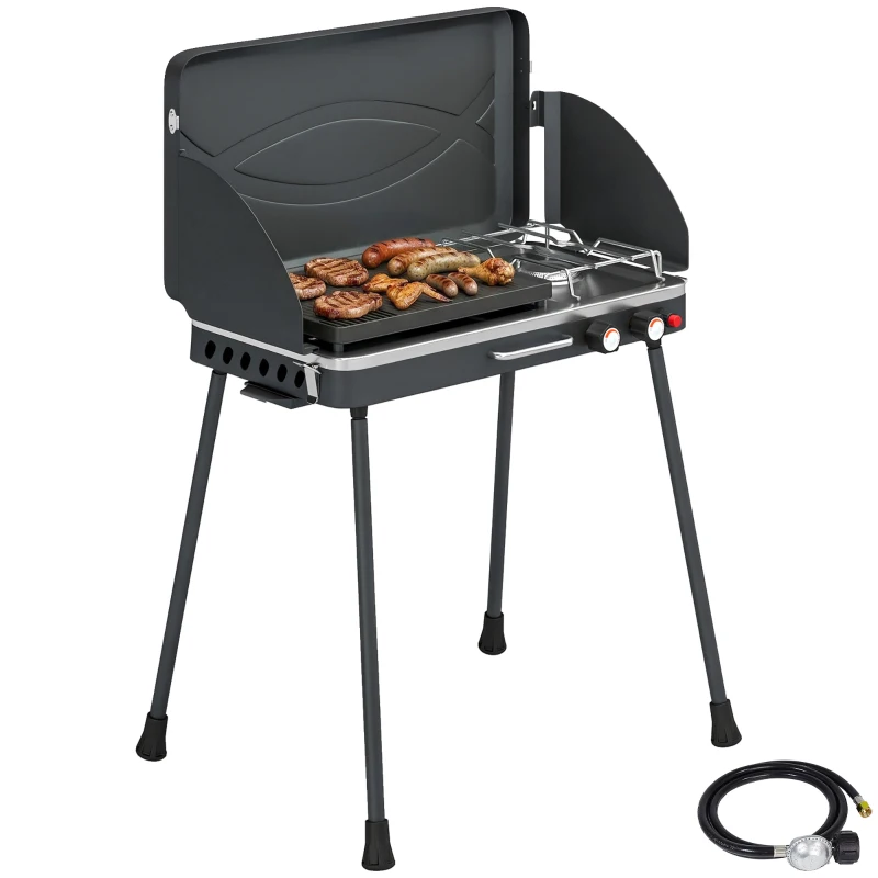 Outsunny 2-in-1 Camping Stove & Gas Griddle Combo, 20,000 BTU Portable Propane Grill with Detachable Legs, Wind Guards, Black