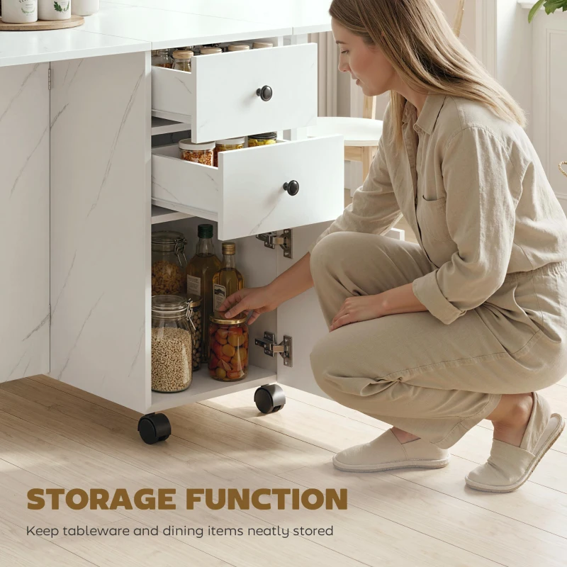 HOMCOM Drop Leaf Dining Table, Mobile Folding Table on Wheels with Drawers and Cabinet for Dining Room, Kitchen, Marble White
