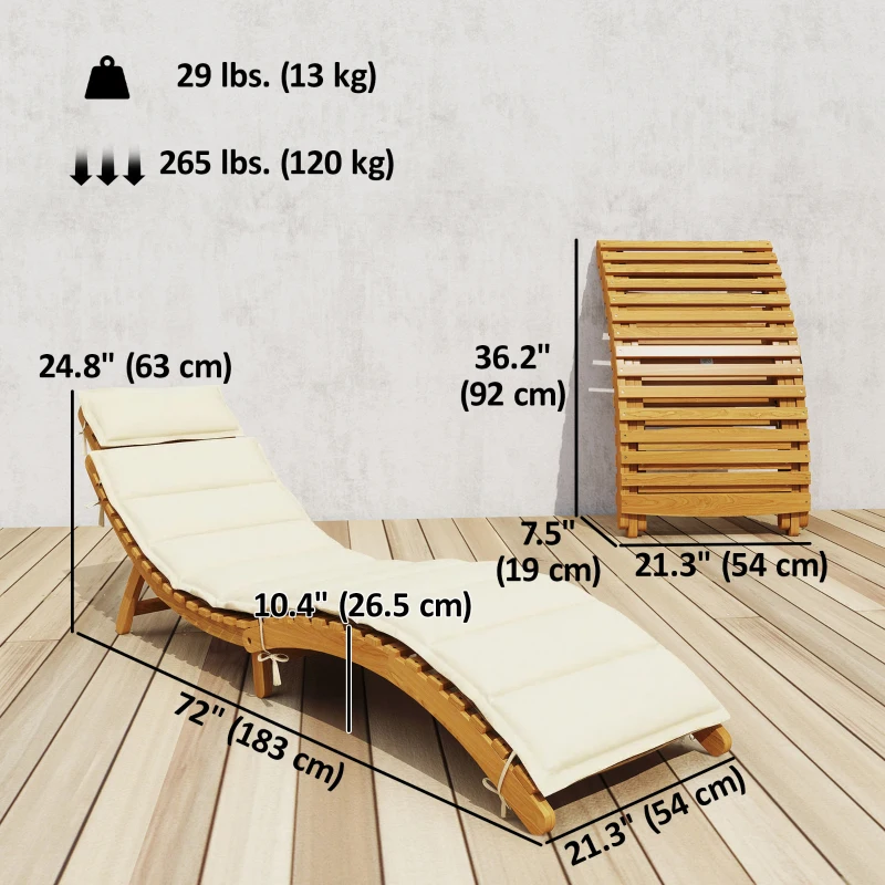Outsunny Folding Chaise Lounge Chair Outdoor, Acacia Wood Lounger Tanning Chair with Cushion, Headrest, Cream White