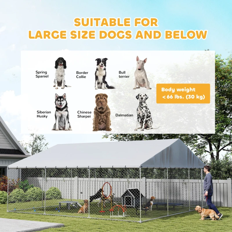 PawHut Heavy Duty Outdoor Dog Kennel with Waterproof Roof, Secure Latch, Chain Link Dog Run for Backyard, 19.7' x 19.7' x 8.9'