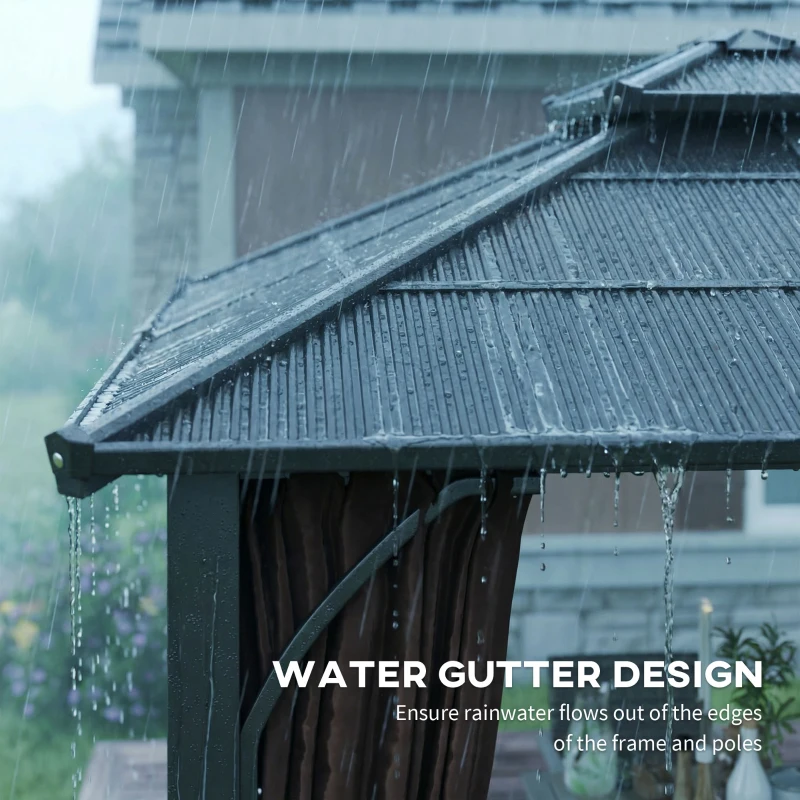 Outsunny 10' x 10' Hardtop Gazebo with 7mm Polycarbonate Double-Tier Roof, Outdoor Gazebo with Netting and Curtains, Coffee