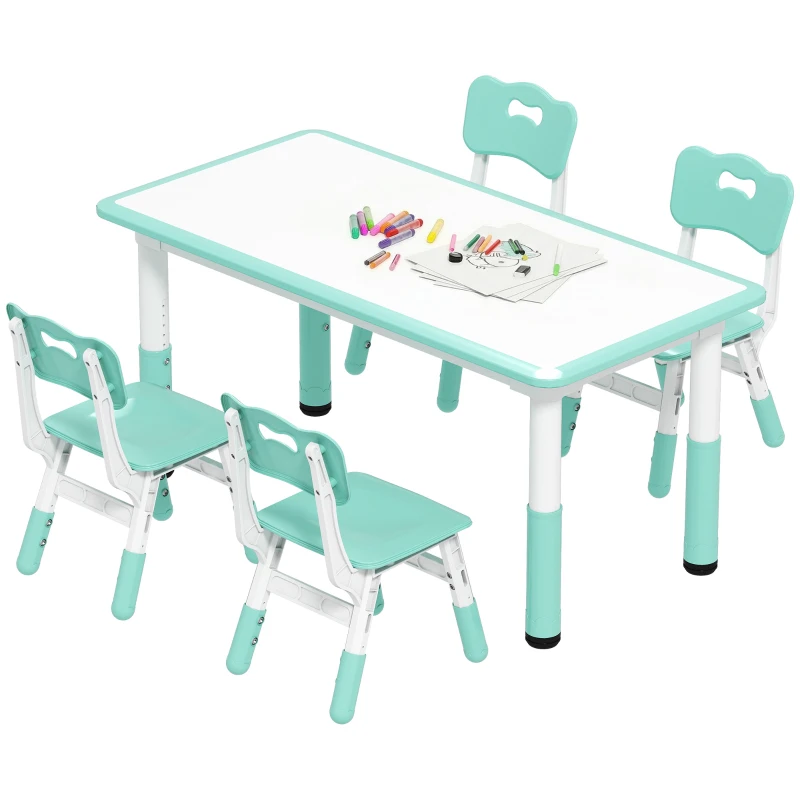 Qaba Kids Table and Chair Set with 4 Chairs, Adjustable Height, Easy to Clean, for 1.5 - 8 Years Old, Green