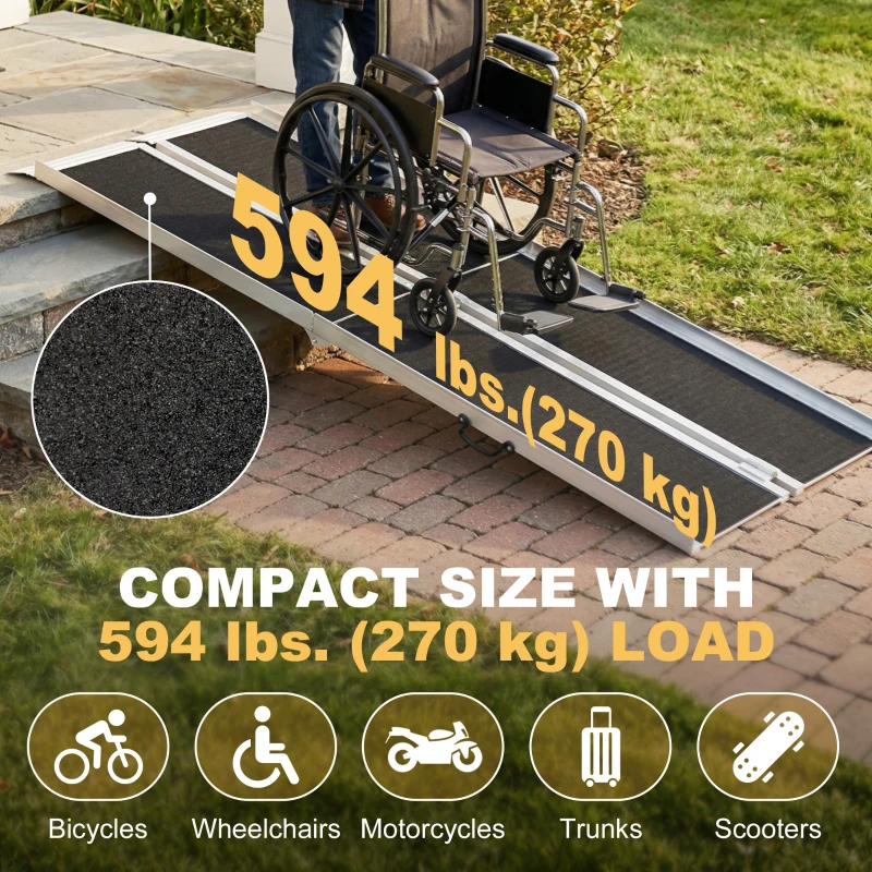 HOMCOM 10ft Wheelchair Ramp, 600lbs Capacity Non-Slip Aluminum Folding Handicap Ramp with Reinforced Welded Hinges, for Home Steps, Cars, Scooters and Stairs