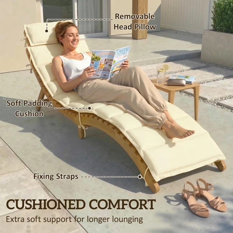 Outsunny Folding Chaise Lounge Chair Outdoor, Acacia Wood Lounger Tanning Chair with Cushion, Headrest, Cream White