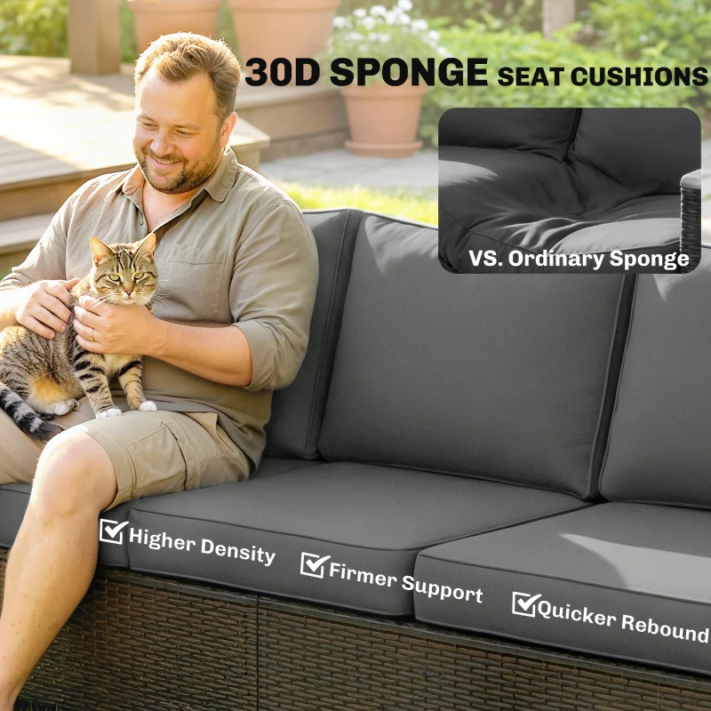 Outsunny 3 Seater Outdoor Couch Sofa, PE Wicker Patio Sofa, Wide Deep Seat, 4" Cushions, Wood-Effect Armrests Legs, Gray
