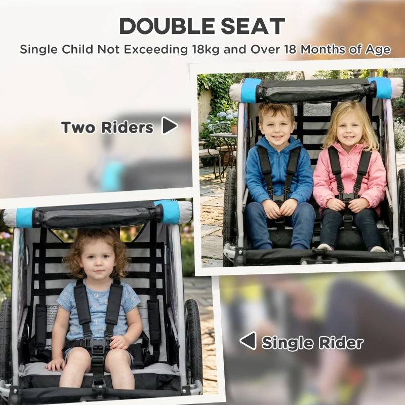 Aosom 3-in-1 Bike Trailer for Kids, Running Stroller with 2 Seats, Jogging Cart with 5-Point Harness, Storage Units, Blue