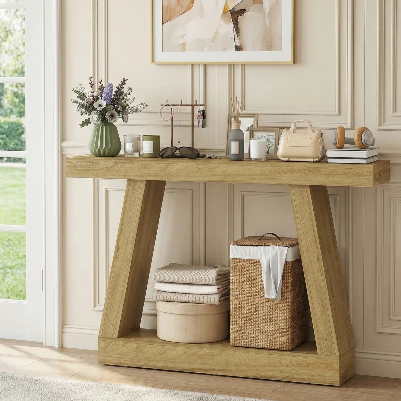 HOMCOM 55" Farmhouse Console Table, 2-Tier Entryway Table with Storage for Hallway, Living Room, Behind Couch,  Oak