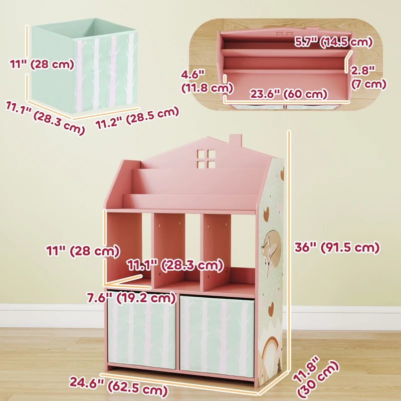 Qaba Kids Bookshelf with Storage, Toy Storage Unit with Book Display, Shelves and Fabric Drawers for Playroom Nursery, Pink