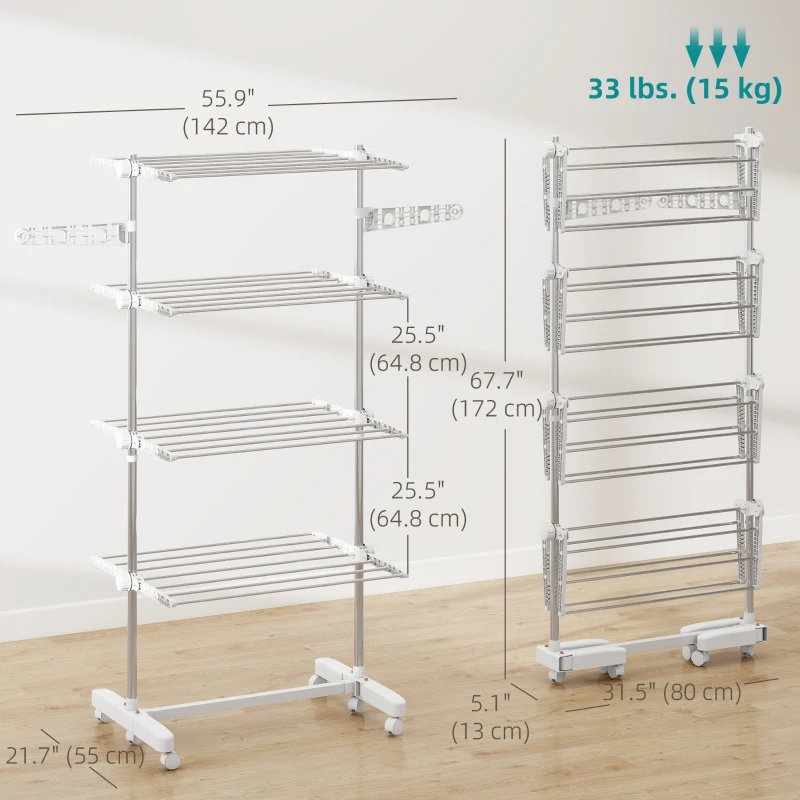 HOMCOM Garment Drying Rack Stainless Steel Folding Clothes Hanging Rack with Side Wings Castors for Indoor Outdoor White